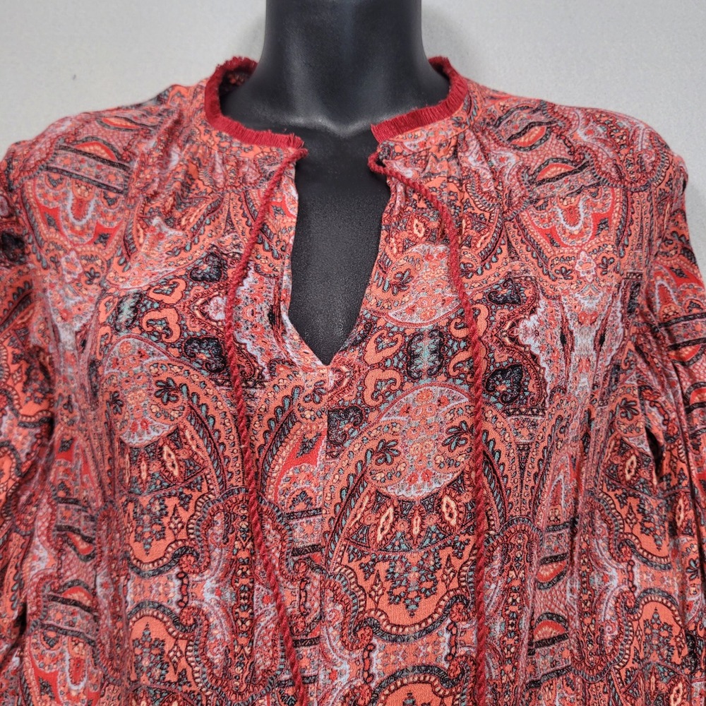 Lucky Brand Womens Red Paisley Boho Tassel Tie Blouse 7W43926 Medium